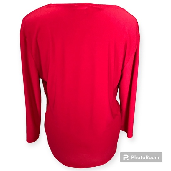 Chaus Red Gathered V-Neck Top 3/4 Sleeves Blouse with Black Rhinestones - Picture 5 of 5